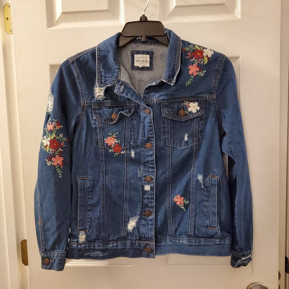 Wax‎ sz M Blue Jean Jacket Embroidered Floral Boho Cottage retro 90s spring